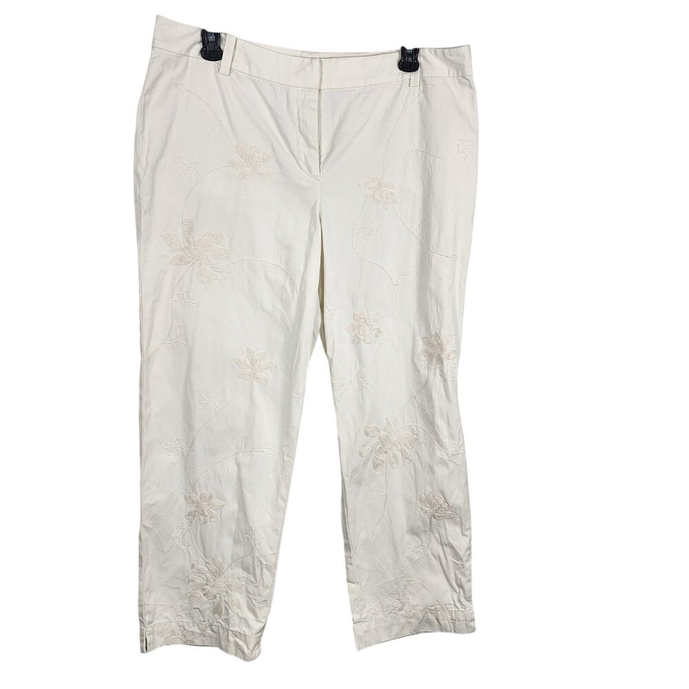Talbots Womens Signature Slim Capri Pants Khaki White Embroidered Floral Size 12